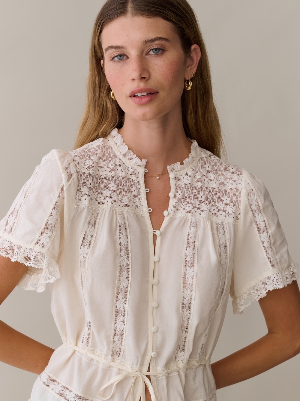 Sorella Few Moda Destiny Top Lace Trim Ivory Cream Peasant Blouse NWT - Picture 2 of 9
